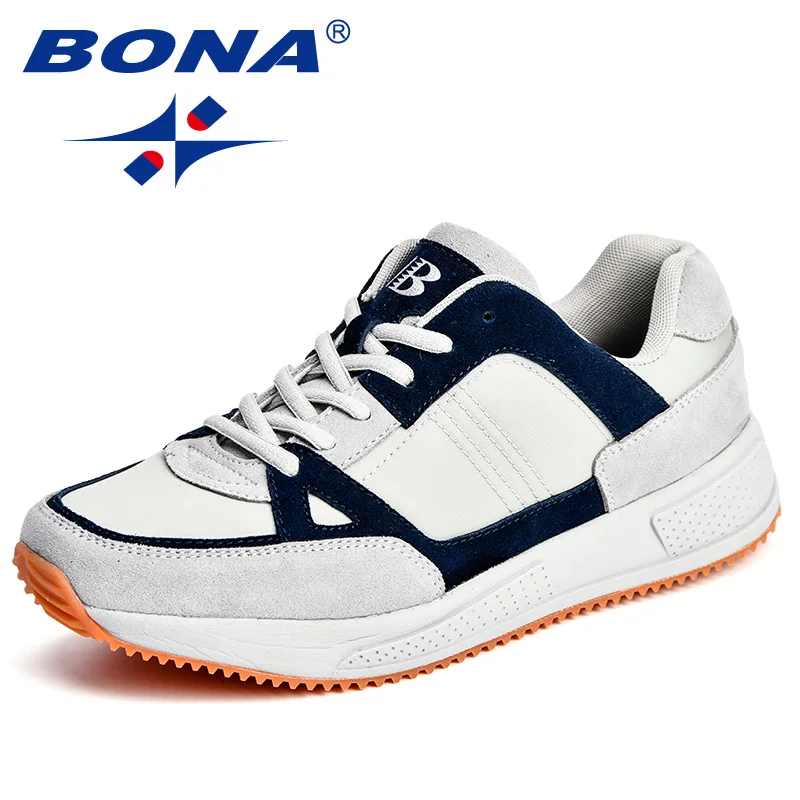Light grey deep blue BONA/Новое поступление; классические стильные мужские кроссовки из замши и сетчатого материала; Мужская Спортивная обувь; удобная обувь для бега на открытом воздухе; - Цвет: Light grey deep blue