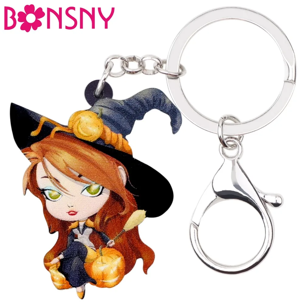 Bonsny акриловый Хэллоуин мультфильм Волшебная ведьма брелок для ключей кольцо
