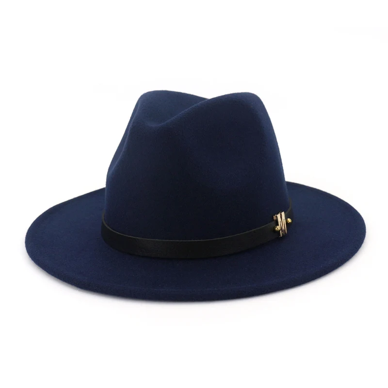 navy blue Осень-зима широкий плоский Brim Wool Fedora Шапки с поясом Европейский США Мода Джаз Формальные Top Hat вводная черный Кепки для для мужчин Для женщин - Цвет: navy blue