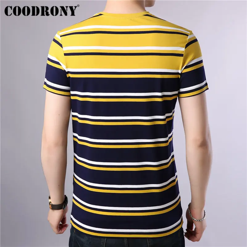 COODRONY, хлопковая Мужская футболка, весна-лето, футболка с коротким рукавом, Мужская Уличная модная полосатая футболка с круглым вырезом, Homme S95016