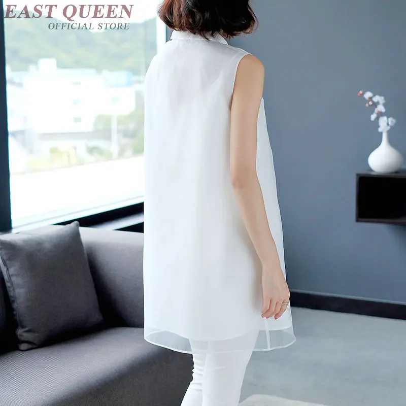 New Chiffon Blouse Embroidery White Shirts Stand Collar Short Sleeve Long Shirt Female Tunic Women Tops Summer TA1711