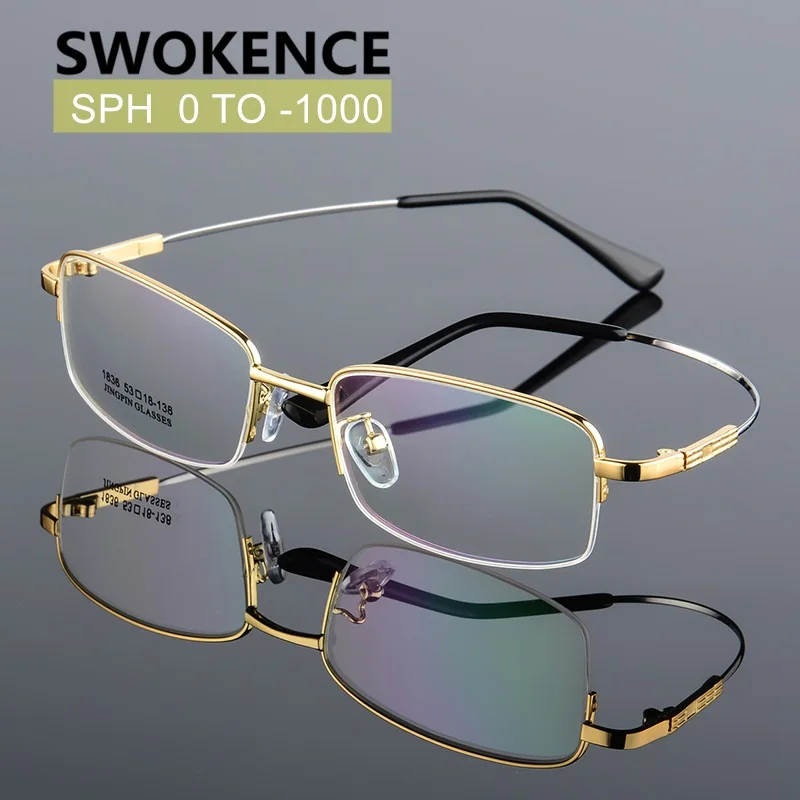 

SWOKENCE SPH 0 to -10 Diopter Titanium Alloy Myopia Glasses Men Women Business Square Half Frame Prescription Spectacles WP001