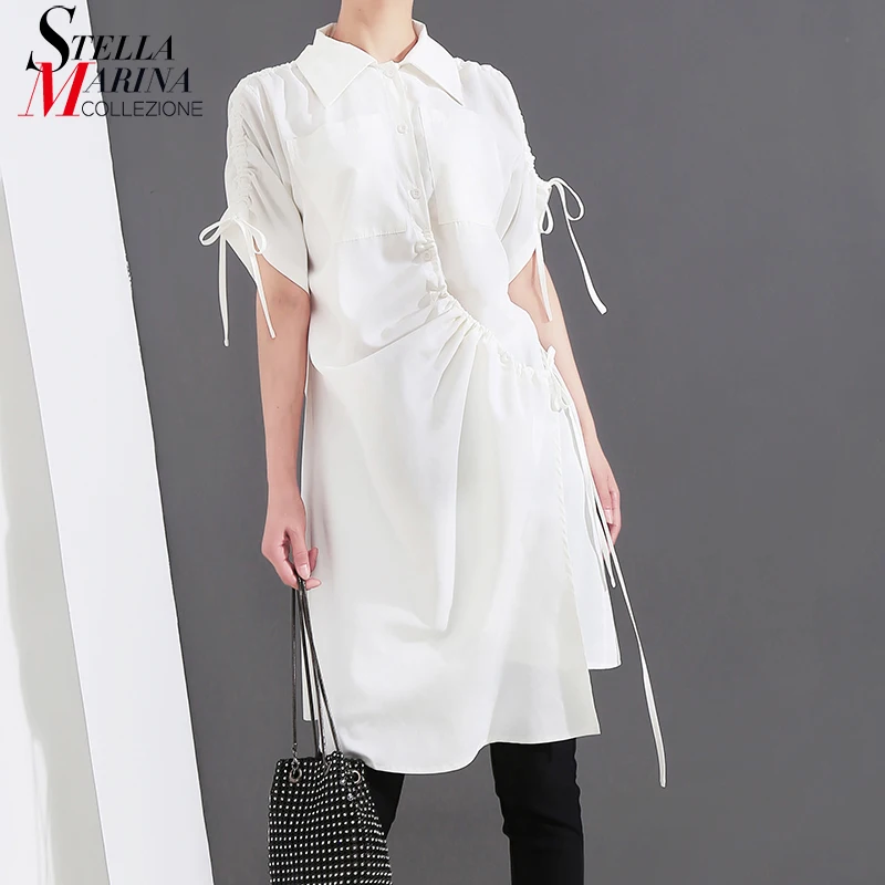 New 2019 Korean Style Women Solid White Summer Blouse Shirt Short-Sleeve Irregular Hem Ladies Casual Informal Blouses 5252 |