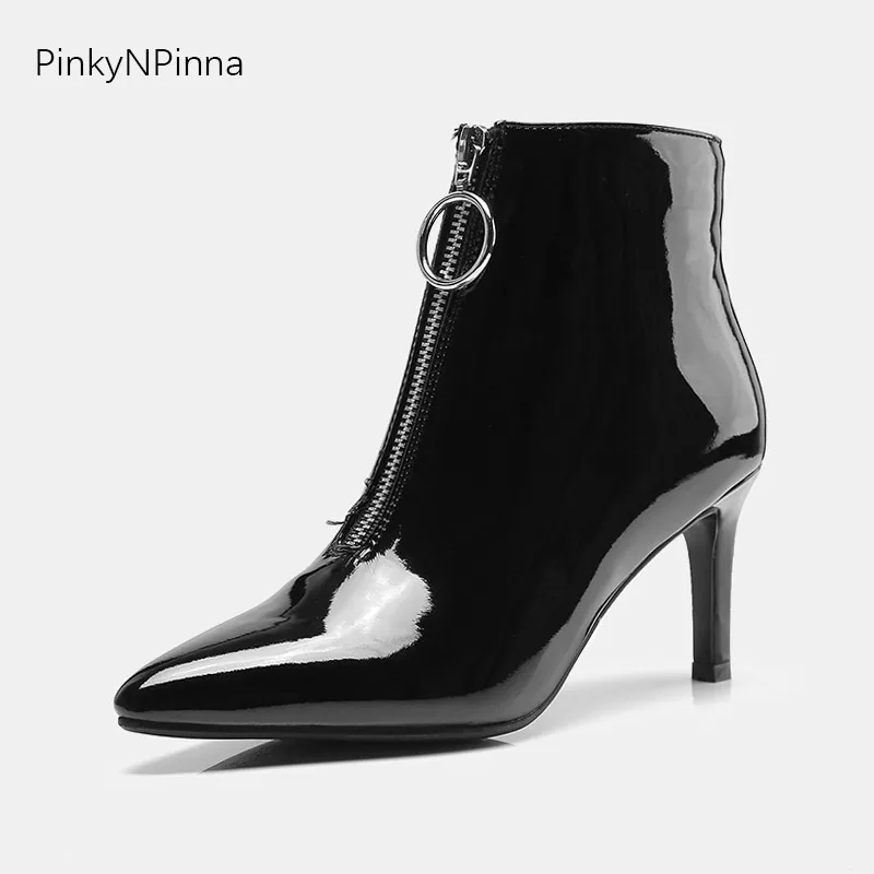 

women ankle motorcycle boots patent leather stiletto pointed toe front zipper flock solid suede high top booties modern outdoor