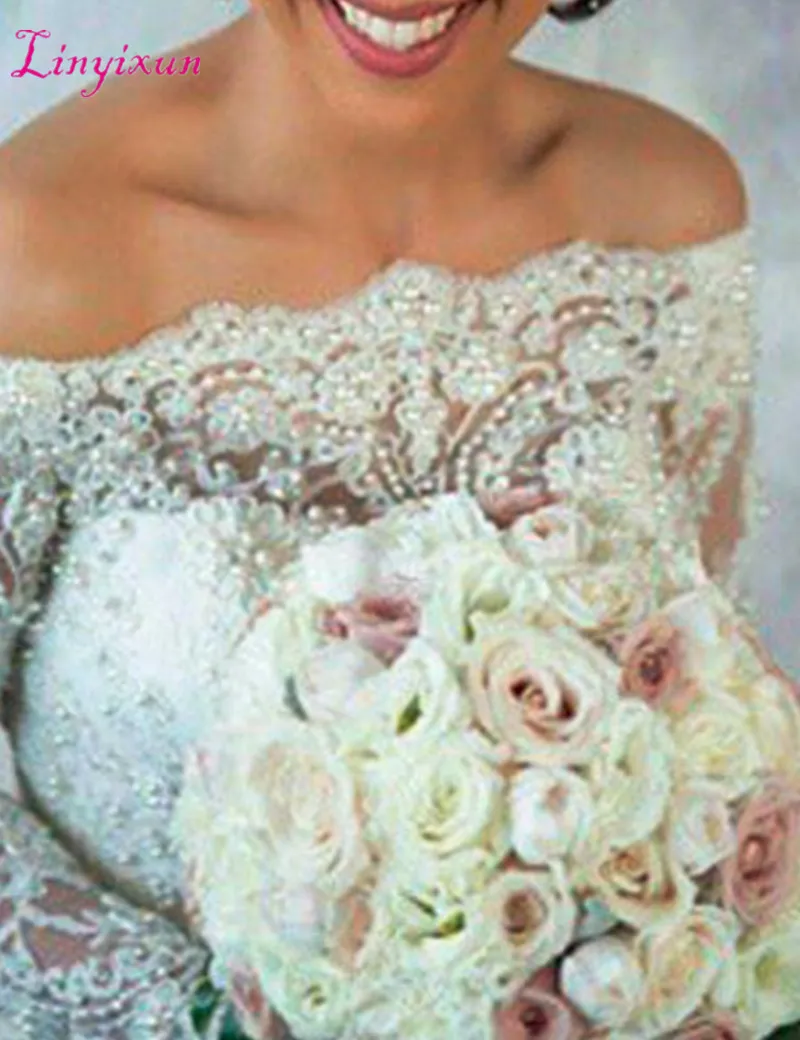 

Sexy Lace Mermaid Wedding Dress 2019 Satin Beaded Long Sleeve Boat Neck Zipper Court Train Wedding Gown Custom Made