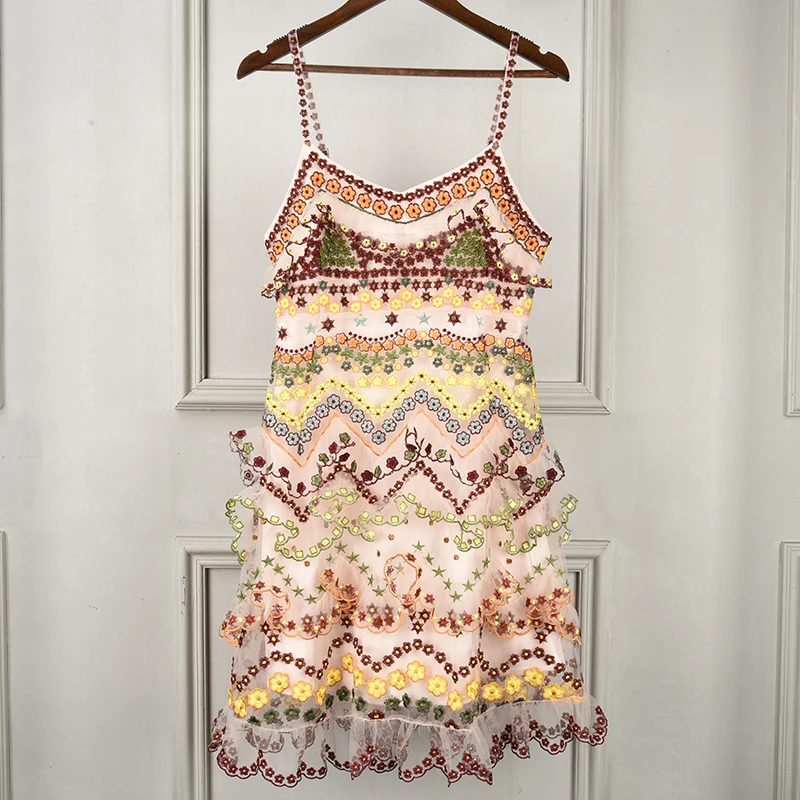 Luxury Floral Embroidery Striped Sweet Spaghetti Strap Beach Dress Women 2019 Summer Female Runway Party Dresses Tunic Clothing | Женская