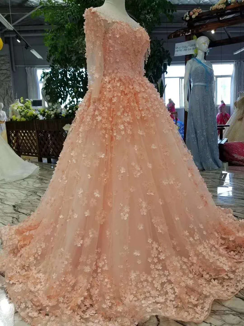 LSS197 розовые пышные платья для девочек длинное Тюлевое платье с длинными рукавами и круглым вырезом, длина до пола, 3d лепестки, кружева, цветы, платье для выпускного вечера дешевые вечерние платья