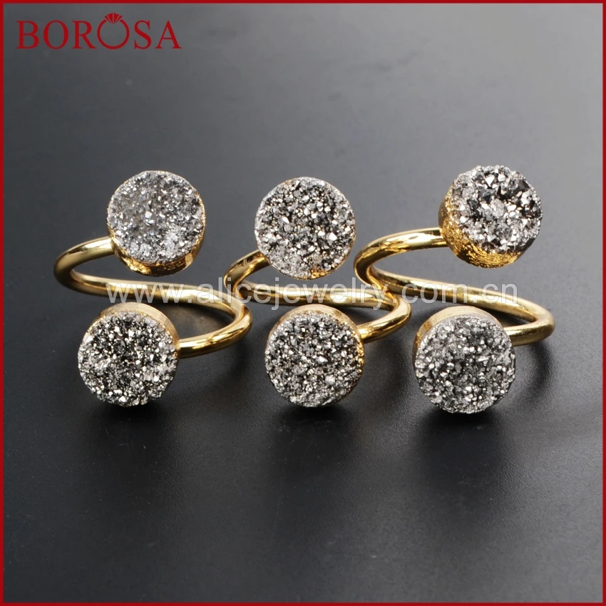 

BOROSA Fashion 5PCS Natural Druzy Double Rings for Women, Round Natural Titanium Drusy Ring Gems High Quality AS GIFT G1155
