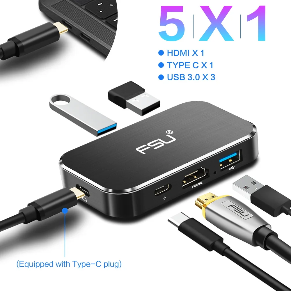 Thunderbolt 3 концентратор USB C 5x1 порт конвертер 4k HD 1080P Тип к HDMI 0 Быстрая зарядка черный