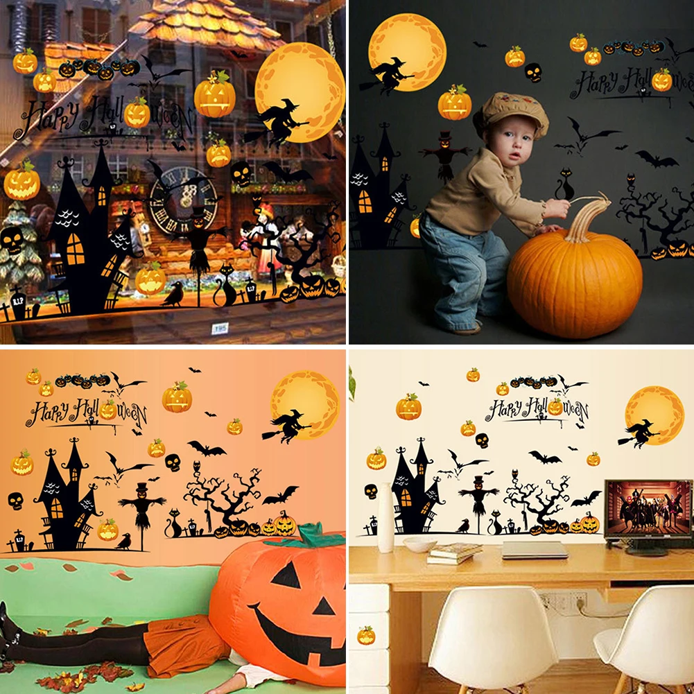 Modern Fantasy Eye-Catching PVC Halloween Wizard Pumpkin Light Wall Stickers for Bedroom Hotel Decoration | Дом и сад