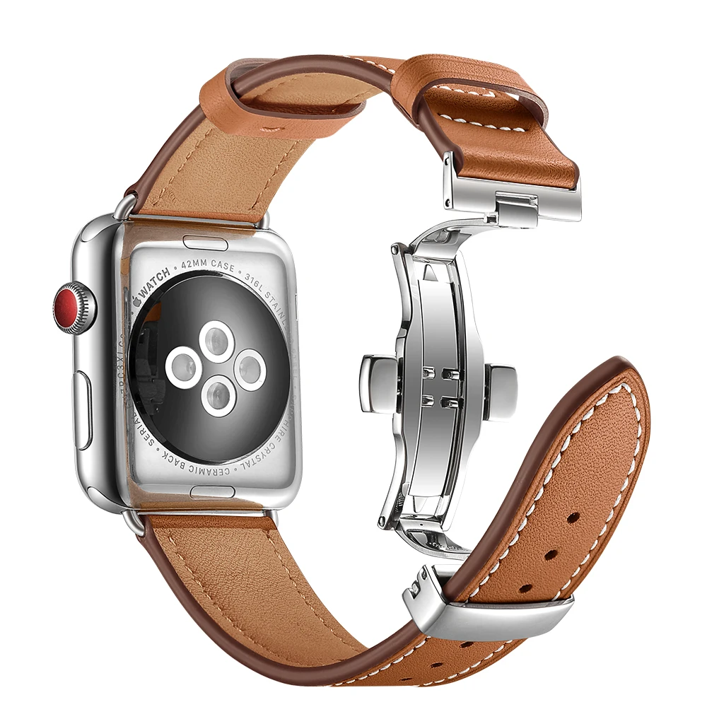 Кожаный ремешок для Apple watch 5 44 мм 40 iwatch 38 42 Бабочка застежка Браслет apple 4 3 2
