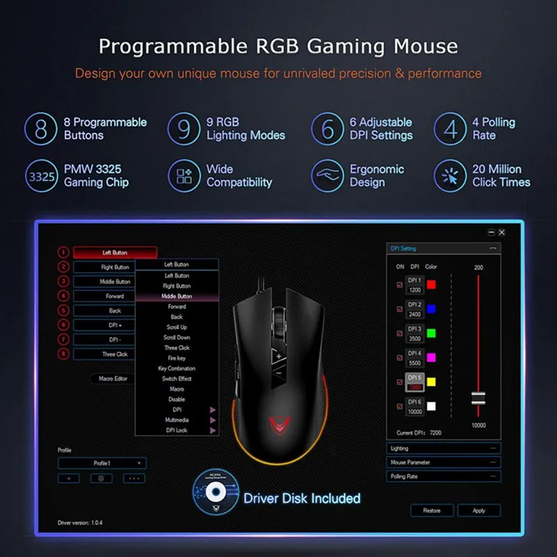 Проводная игровая мышь Pictek регулируемая 8 программируемых кнопок 10000 DPI Chroma RGB с