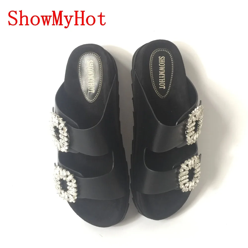 ShowMyHot/женские шлепанцы из натуральной кожи с открытым носком пряжкой стразы