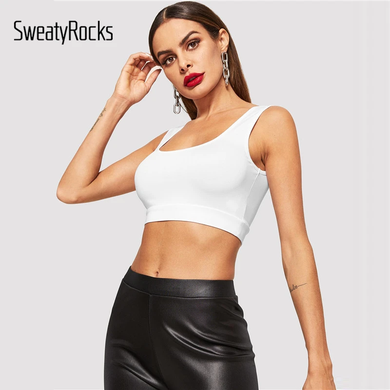 Solid Crop Tank Top, топ для фитнеса с глубоким вырезом, одежда для активного отдыха, обтягивающий спортивный бюстгальтер, летний модный женский топ для тренировок, белый укороченный топ
