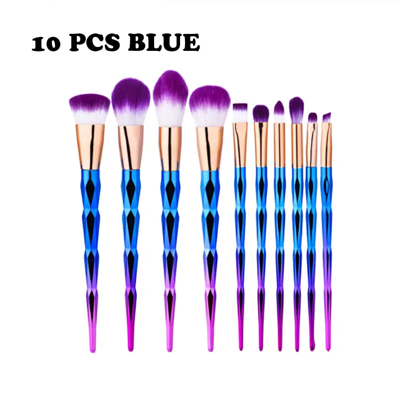 10 pcs blue 7/10 шт. с ручкой «Рог единорога» кисти для макияжа Профессиональные кисти для макияжа волокна кисти набор инструментов для макияжа бровей подводка для глаз Кисть Для Пудры - Handle Color: 10 pcs blue