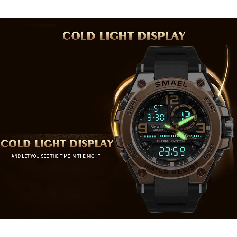 Мужские часы LED SMAEL с будильником автоматические цифровые повседневные золотые
