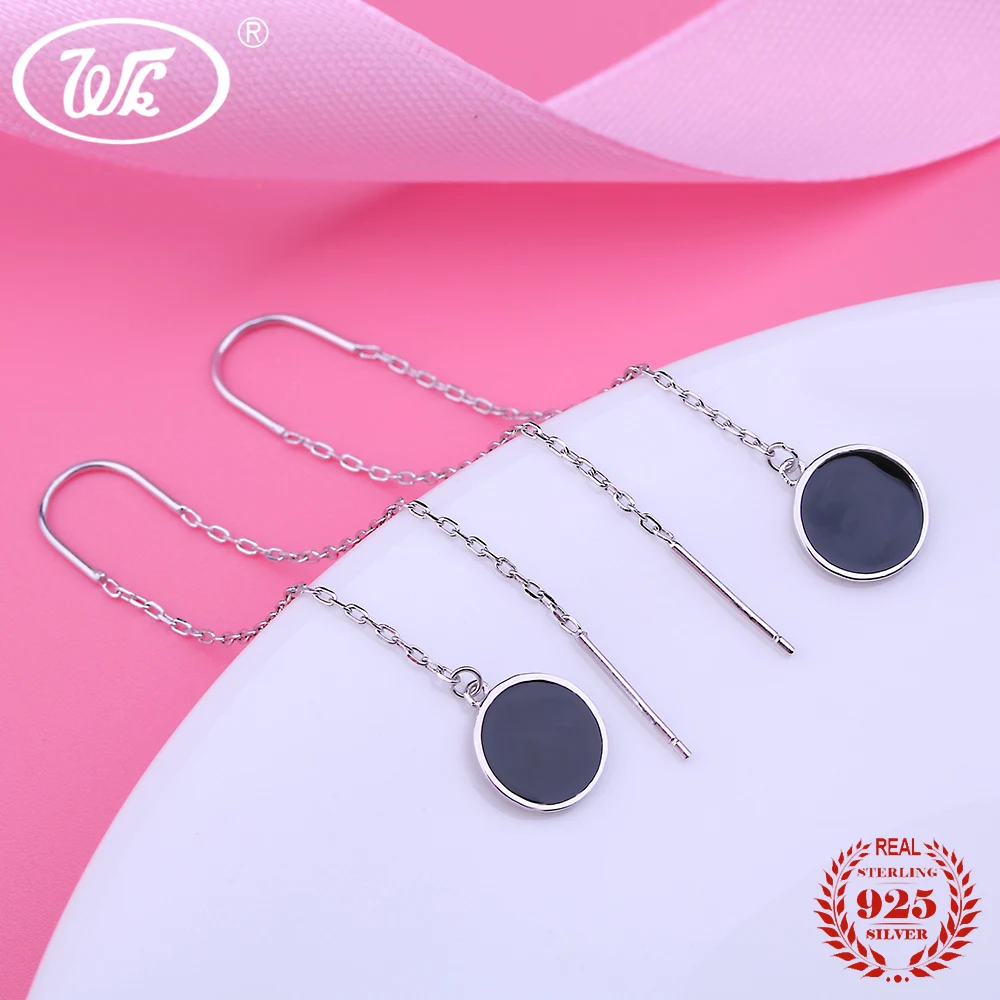 WK 925 Sterling Silver Long Black Round Drop Earrings For Women Girls Ladies Charm Ethnic Simple Earring Chain Wholesale EB015 | Украшения