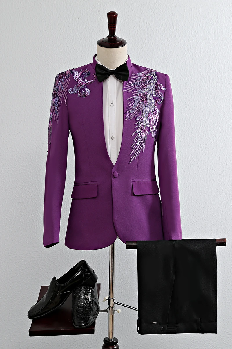 

Male blue Double-side 3D Crystal Embroidery Flowers Stage Singer Suits Costume Nightclub Bar Wedding Blazer With Pants