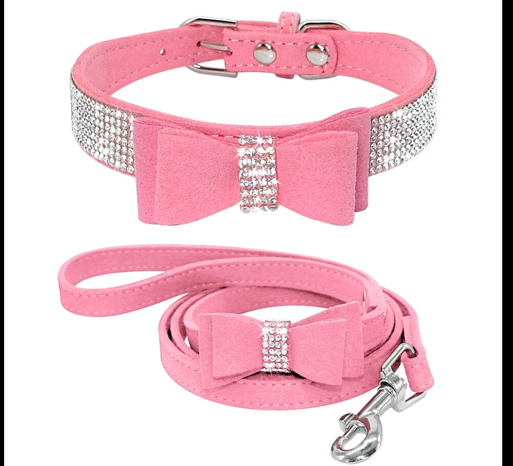 pink set Брендовый стиль собачий ошейник в стразах И Поводок Мягкий замшевый бант для собачка щенок кошка маленький питомец - Цвет: pink set