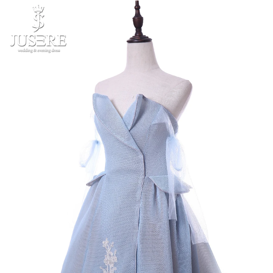 Jusere Design Light Blue High Low Prom Dress Off Shoulder Sleeveless Party Gowns Vestidos de fiesta Real Photos | Свадьбы и