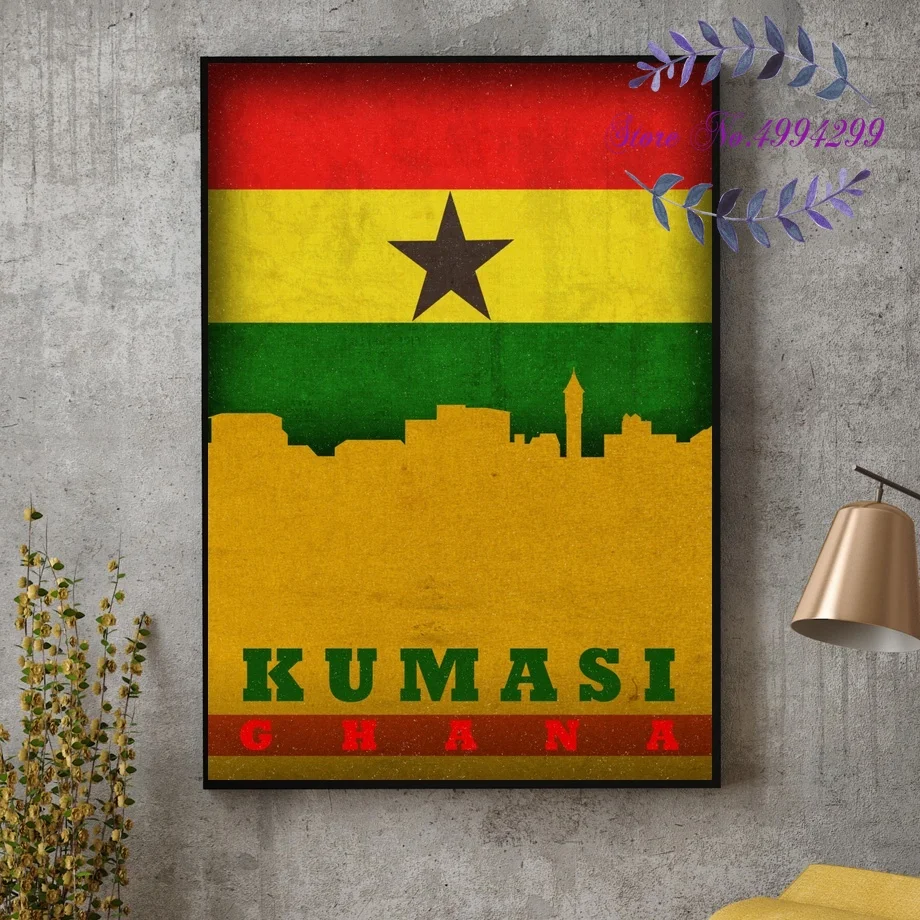 Retro Accra Ghana Kumasi City Skyline on Flag Poster Canvas Art Print Home Decor | Дом и сад