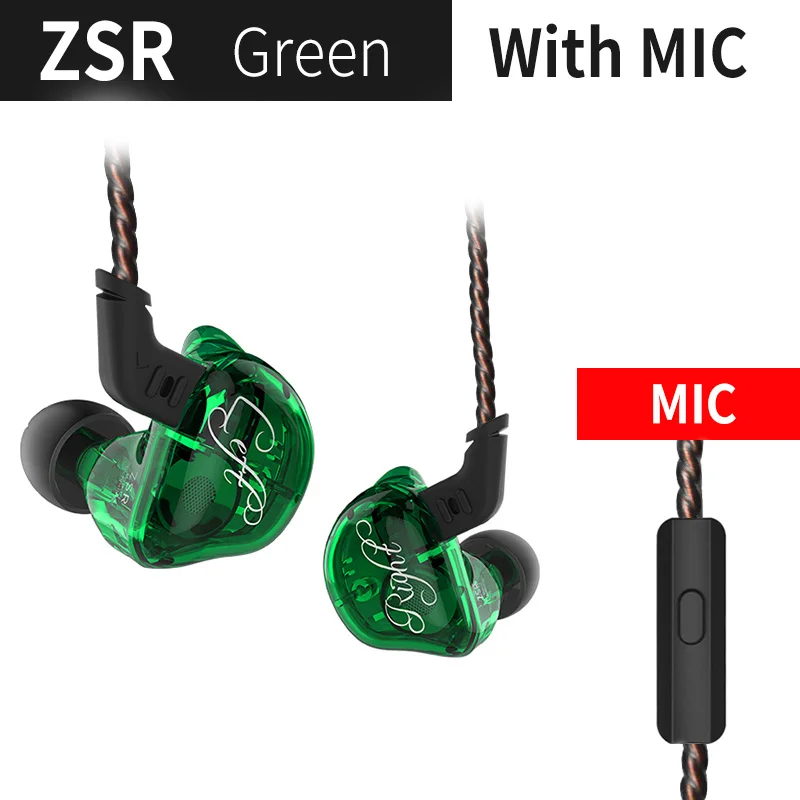 green with mic KZ ZSR 1DD+ 2BA Hifi спортивные наушники-вкладыши Динамический драйвер шумоподавление Гарнитура замена кабеля AS10 ZS10 ZST - Цвет: green with mic