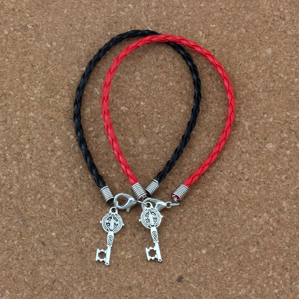 

2pcs/lots leather bracelet Saint Benedict Medal Cross Key Religious Charms Pendants Bracelet(red & black) B-351