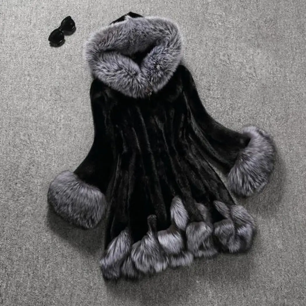 black Меховое пальто зимнее женское роскошное длинное женское модное повседневное зимнее пальто на пуговицах с меховым воротником и капюшоном - Цвет: black