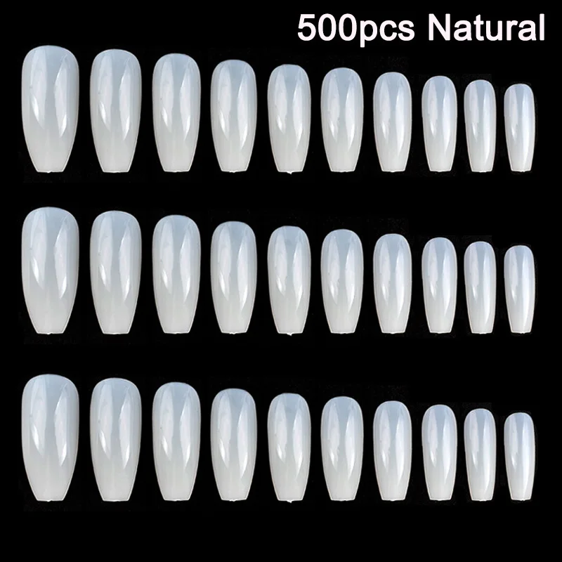 500pcs Natural 100/500 шт длинные балерины гроб форма полное покрытие искусственные ногти искусство наконечник DIY FM88 - Цвет: 500pcs Natural