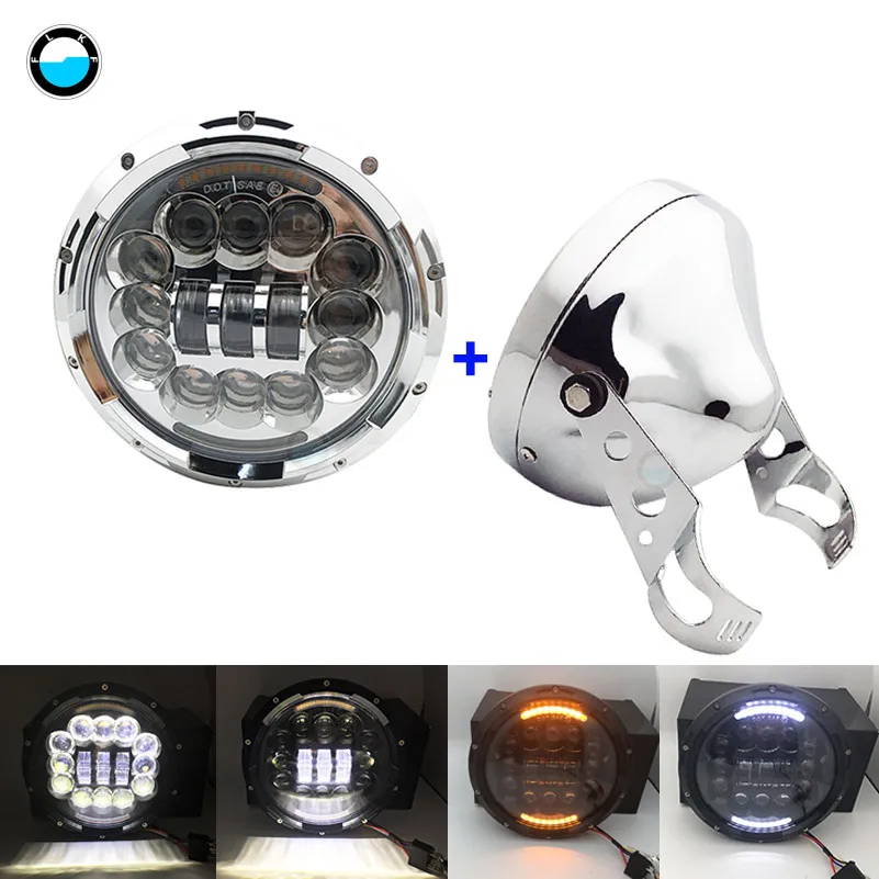 90W chrome set 7 дюймов 60 Вт точка SAE E9 мотоцикл фары с углом глаз светодиодные фары 7 дюймов корпус ведро отделка кольцо - Цвет: 90W chrome set