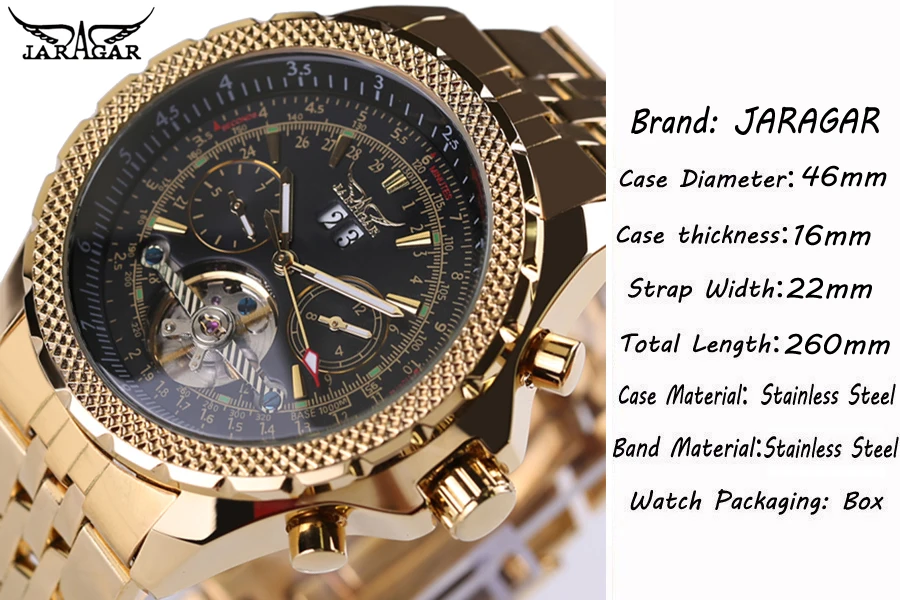 Часы JARAGAR Мужские механические брендовые роскошные золотые автоматические из