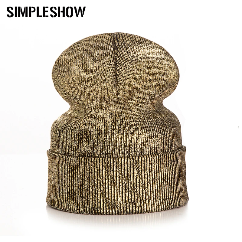 Новая модная зимняя женская шапка для девочек Skullies Beanies, теплые шапки, женские толстые золотые тисненые шерстяные однотонные вязаные Кепка унисекс