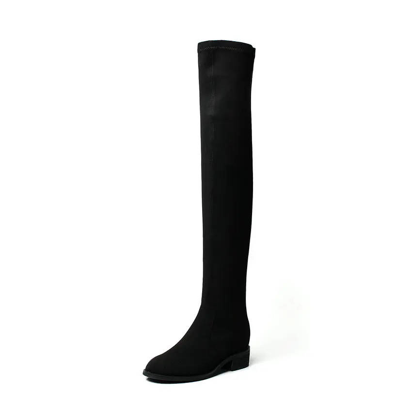 Black-Kid Suede QUTAA/ Сапоги выше колена с металлической пряжкой на молнии удобные женские сапоги из натуральной кожи с круглым носком на среднем квадратном каблуке Size34-42 - Цвет: Black-Kid Suede
