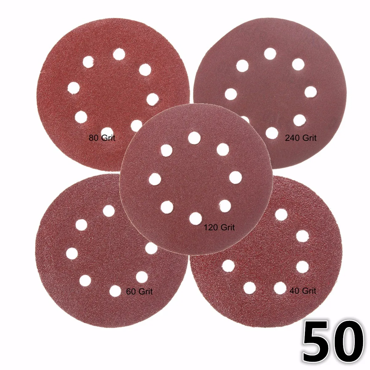 50pcs/Set 125mm Sanding Disc Round Shape 8 Hole Mixed 40 60 80 120 240 Grit Orbital Paper Punch Sheet Sandpaper Polisher Sanders |