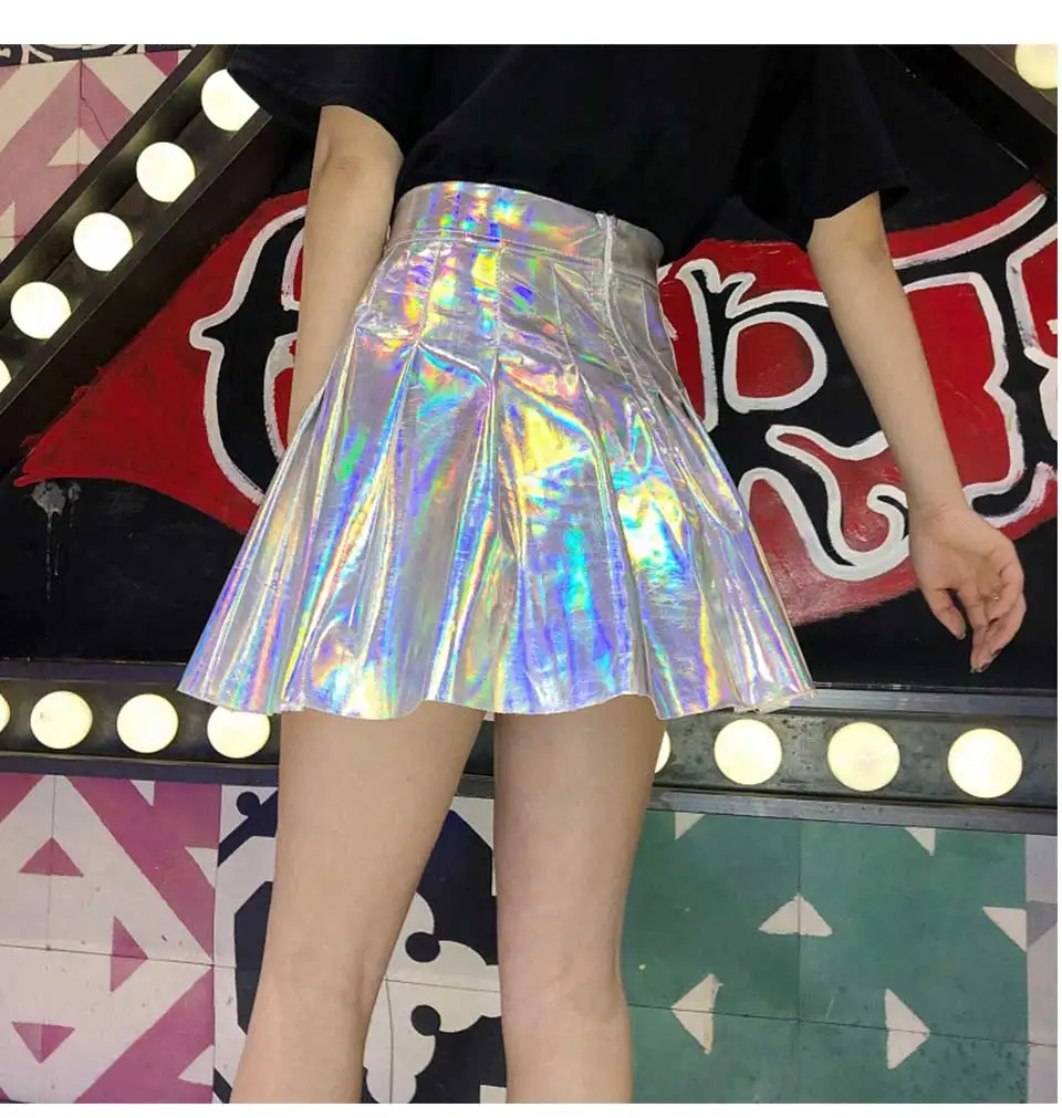 Женская мода Harajuku юбка в складку из искусственной кожи короткая голографическая юбка Уличная Сексуальная Высокая талия мини юбка для девочек