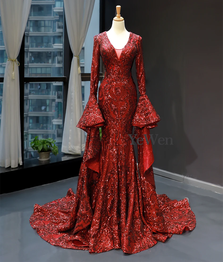 Красное роскошное вечернее платье Vestidos De Fiesta De Noche, сексуальное вечернее платье с v-образным вырезом, Длинное Элегантное официальное платье русалки YM20250