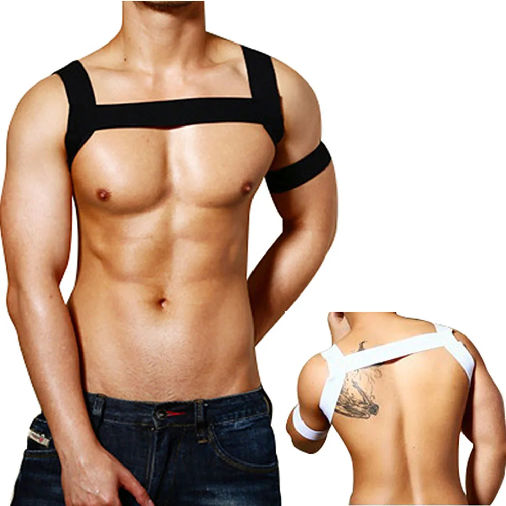 Man Shoulder Strap Sexy Bandage Crop Top Men Strong Muscle Chest Harness Bodybuilding Tops Mens Stage Costume Gay Exotic Tanks