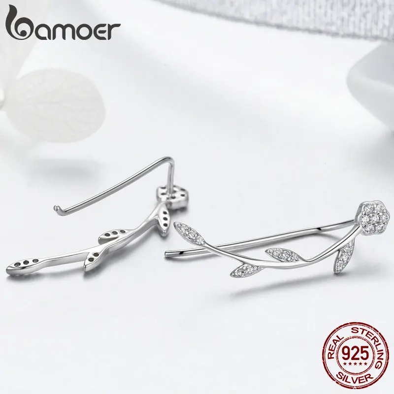 BAMOER, подлинные, 925 пробы, серебряные, прозрачные, CZ, цветок, дерево, листья, висячие серьги для женщин, прекрасные серебряные серьги, ювелирное изделие SCE266