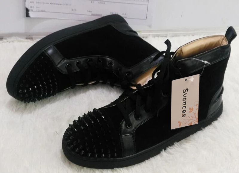 New Unisex Popular Black PU Flock Mens Boots Lace-Up Spikes Rivets Bottom Flats Casual Shoes Men Luxury Designer Studded Fashion | Обувь