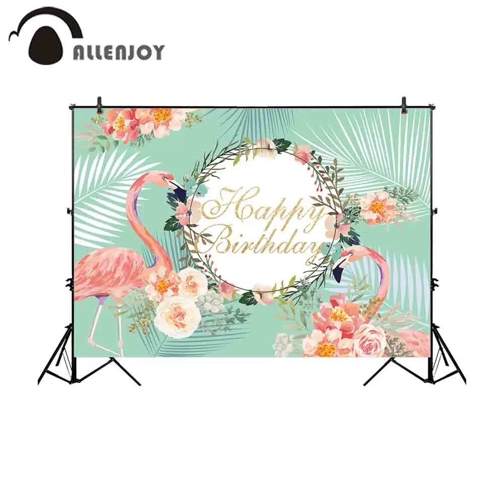 

Allenjoy photography backdrops photocall pink flamingo tropical leaf floral happy birthday green background photography backdrop