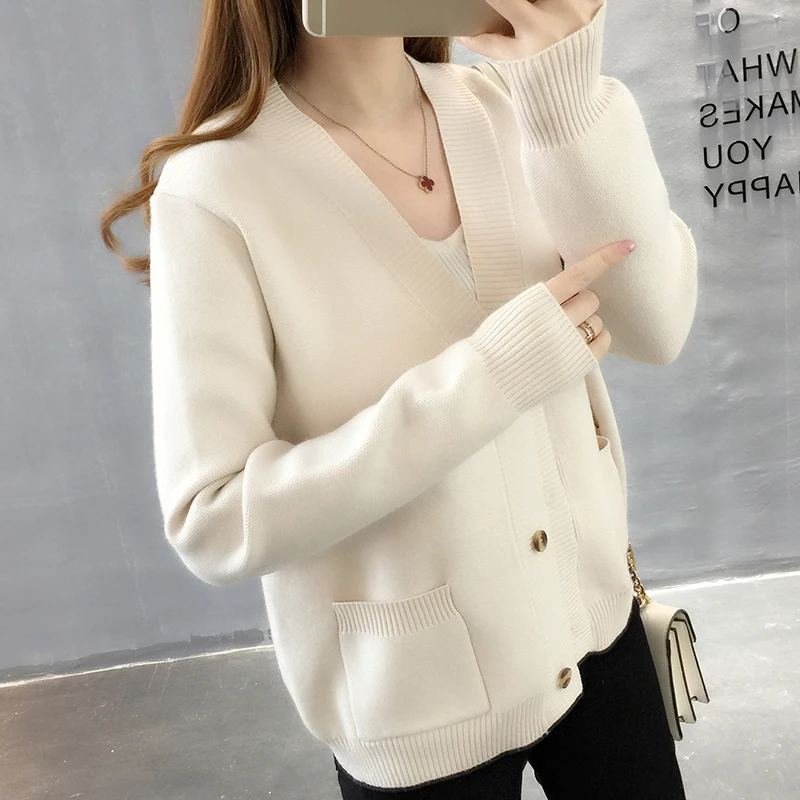 Women Sweater Cardigan 2018 Spring New V-neck Long-Sleeve Knitwear Short Loose Pure Color Single-breasted Coat 117 |