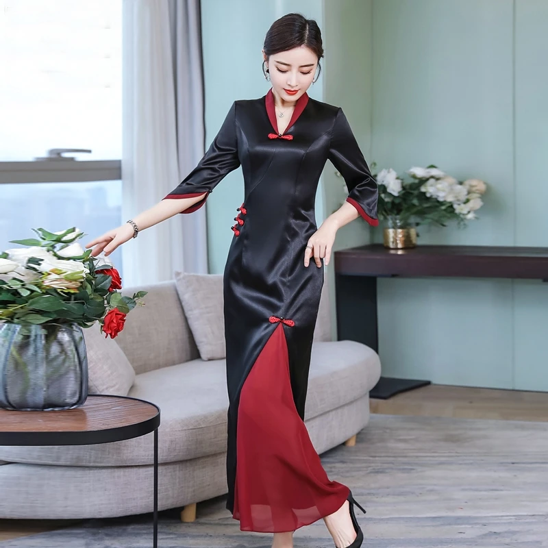Традиционное китайское вечернее платье черные вечерние платья Cheongsam вьетнамское