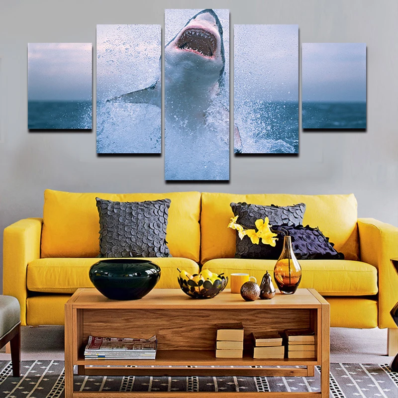 

5 Panels Canvas Painting HD Ocean Shark Picture Modern Home Wall Art Decoration Print Painting For House Decorate Framed