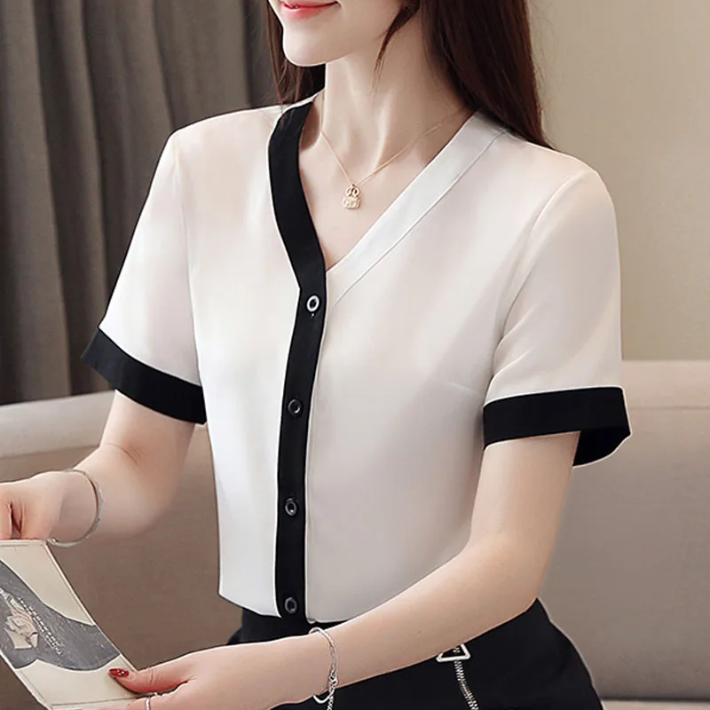 Women blouse and tops 2020 ladies white shirts chiffon button short sleeve V neck clothes 3900 50|Блузки| |