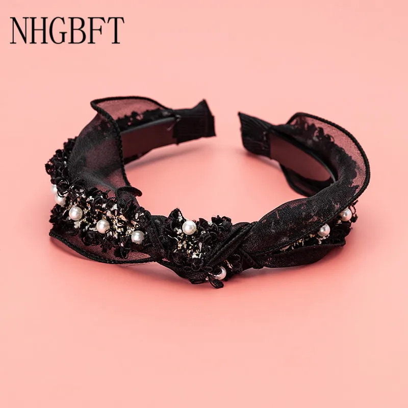 Black NHGBFT, стиль, повязка на голову для девочек, ручная работа, лента для волос, блестящие жемчужные аксессуары, Женский обруч для волос, лента для волос, Прямая поставка - Цвет: Black