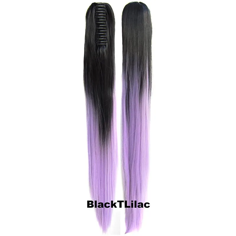 Black T Lilac DELICE Long Straight Claw Ponytails Ombre Color Heat Resistant Synthetic Hair Pony Tails Extensions For Women - Color: Black T Lilac