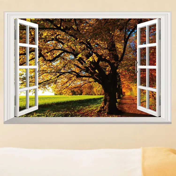Съемные Осенние деревья 3D вид окна стикер на стены с пейзажем домашний Декор ПВХ
