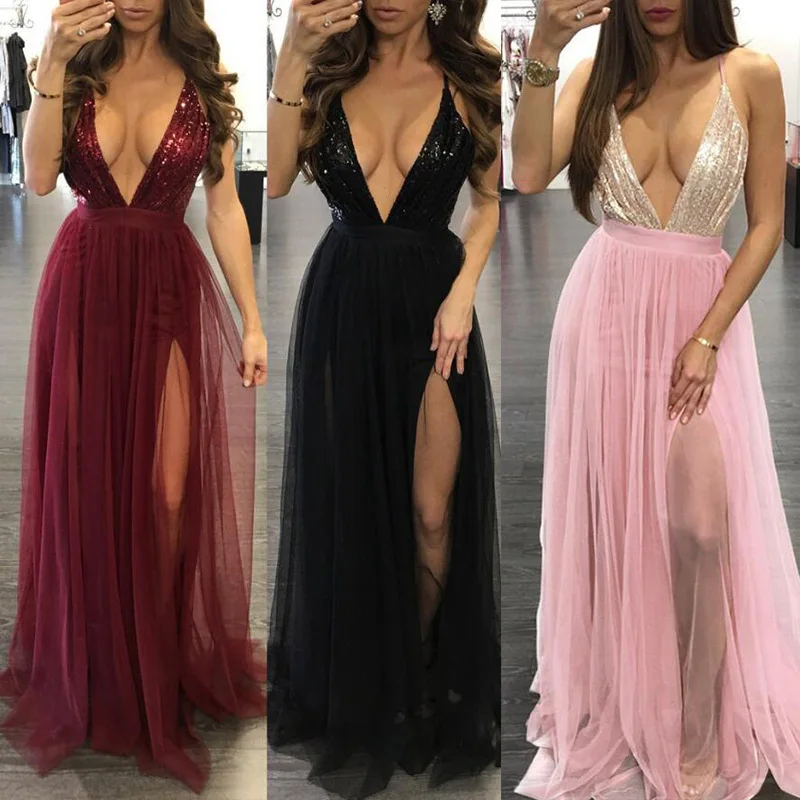 Ameision Backless V-neck Sexy Long Evening Dresses Pretty Women Sequined Formal Party Dress Gown vestido robe desoiree | Свадьбы и