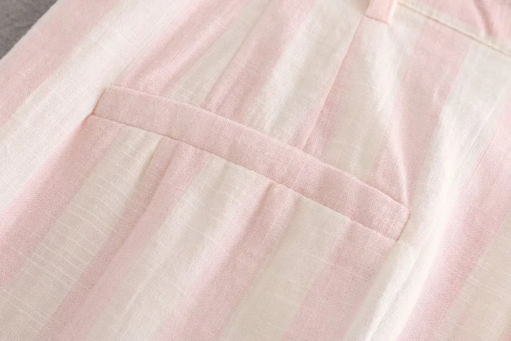 

Lanbaiyijia Pink Striped Shorts Linen High Waist Pocket two button 2018 Summer Fashion Women Shorts Casual short Wide leg short