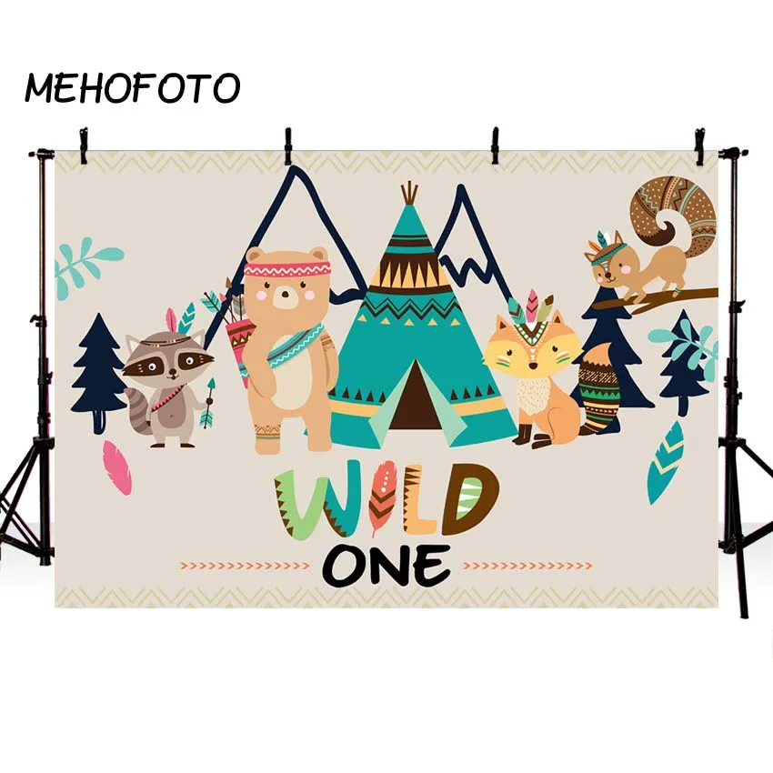 

MEHOFOTO Wild One Birthday Backdrop Ztec Tribal Teepee Animals Fox squirrel Bear Raccoon Children Photographic Backgrounds